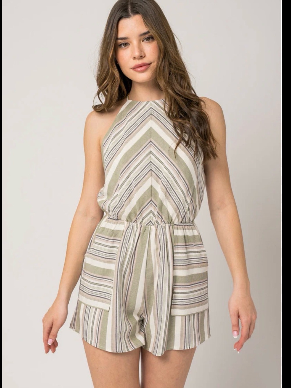 Gilli Olive Stripe Halter Romper